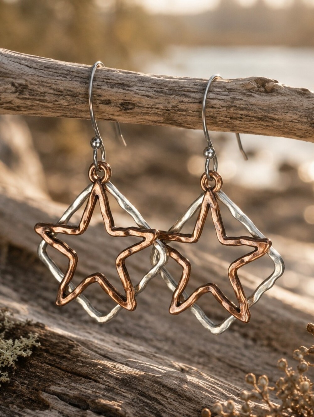 Copper Silver Star Earrings Rustic Modern Artisan Jewelry Hand Crafted